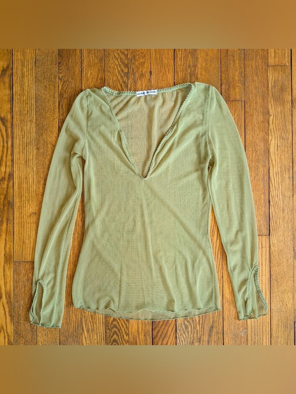 Vintage Y2k Zone Bleue Green Mesh Long Sleeve Shirt